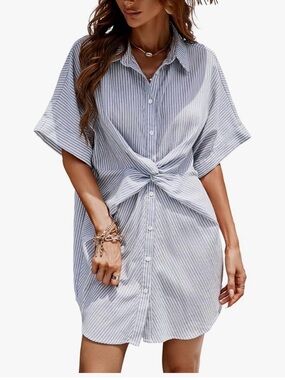 Cupshe Blue & White Striped Tie-Front Mini Shirt Dress